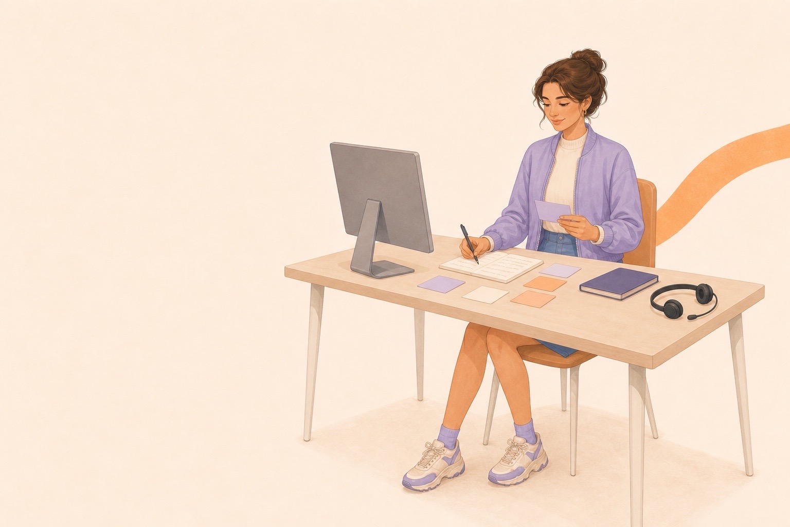 Une apprentie prépare ses notes devant un écran et un casque audio.