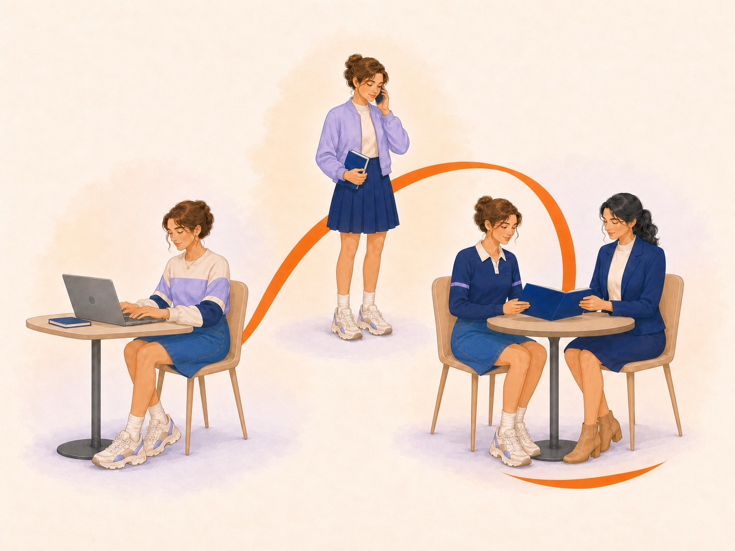 Une candidate progresse de la prise de contact au rendez-vous avec une conseillère