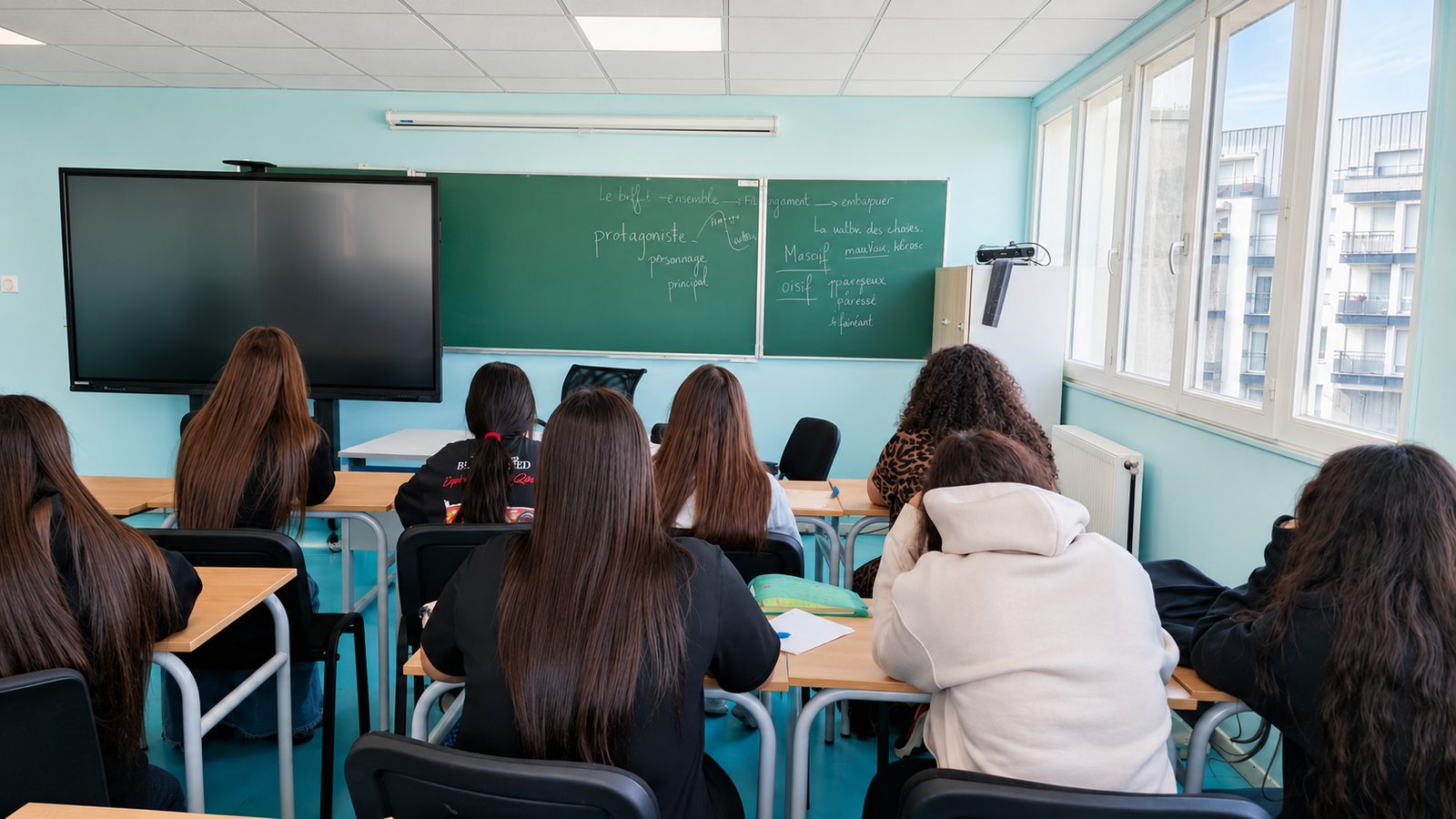 Un cours de français en CAP AEPE dans la salle de Kesher Formation : les apprenties face au tableau.