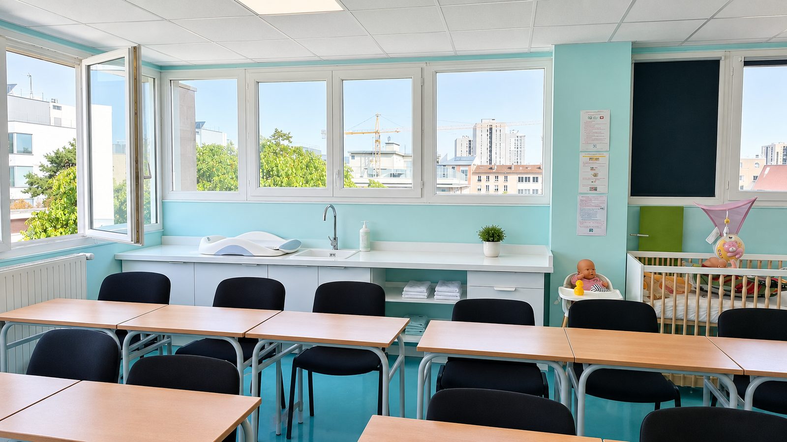 La salle du CAP AEPE à Aubervilliers, ses tables de cours et son coin puériculture.