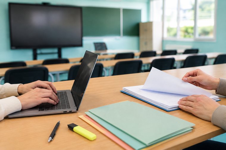 Gestion administrative dans notre salle : deux paires de mains, un ordinateur portable et des dossiers de couleur