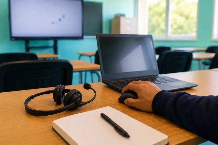 Relation client dans notre salle : une main sur la souris, un casque d'appel et un carnet devant l'écran