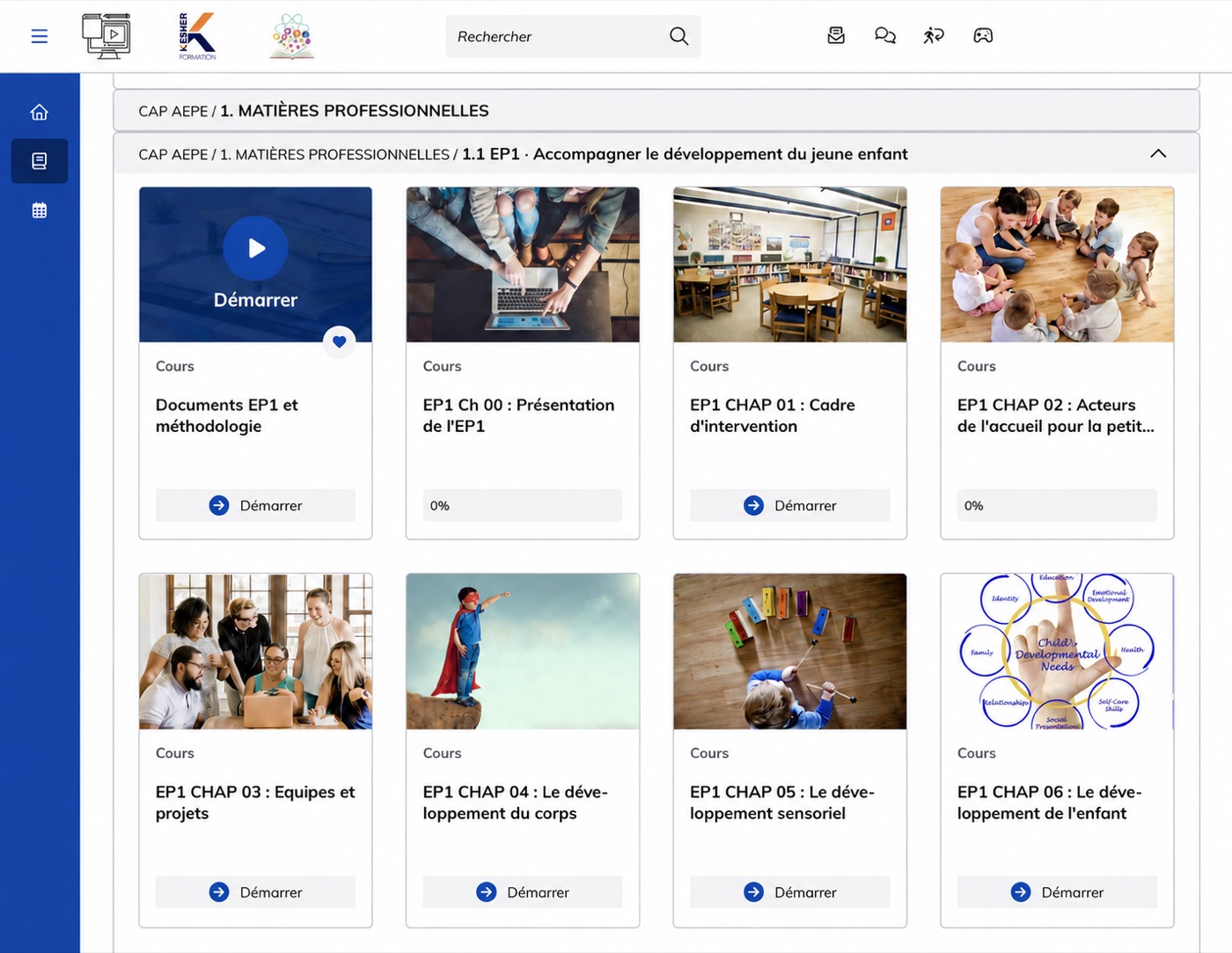 Catalogue réel de la plateforme avec des cours illustrés du CAP AEPE, sans donnée personnelle.