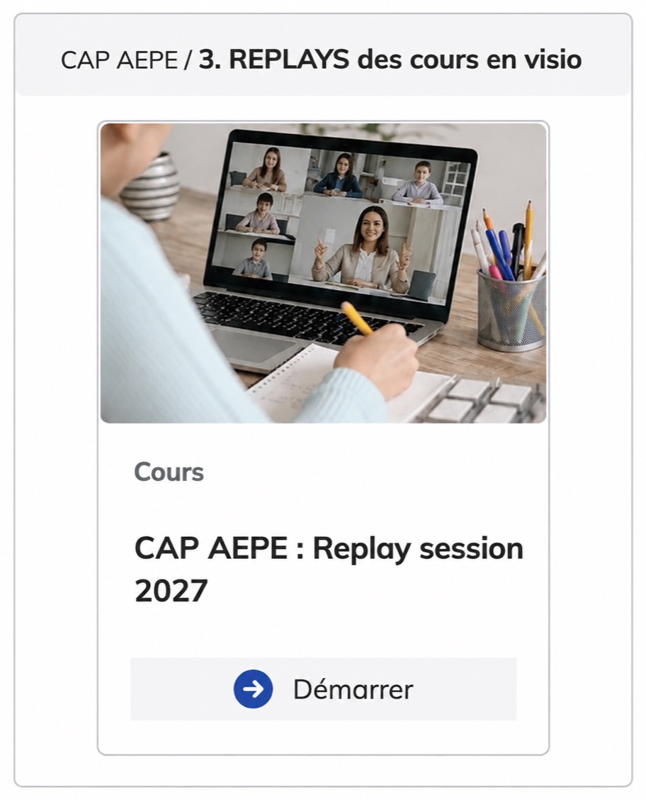 Vue réorganisée du catalogue avec l’intitulé complet et la carte de replay des cours en visioconférence.