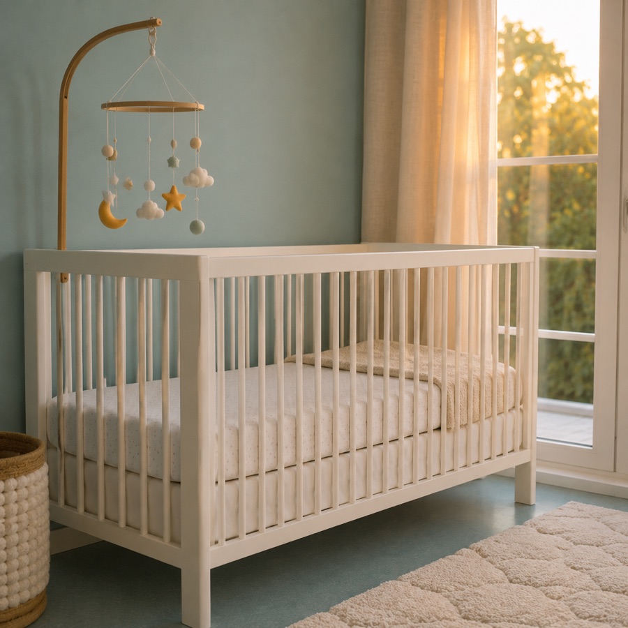 Un lit pour bébé et son mobile dans une pièce calme.