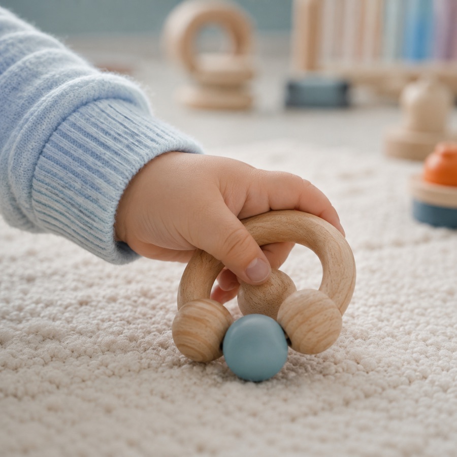 La main d’un jeune enfant explore un hochet en bois.