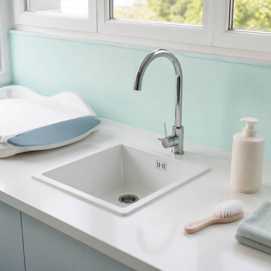 Un point d’hygiène avec lavabo, linge et petite brosse.