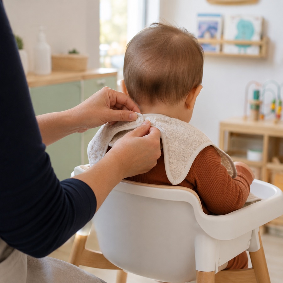 Un bavoir est attaché à un enfant assis, vu de dos.